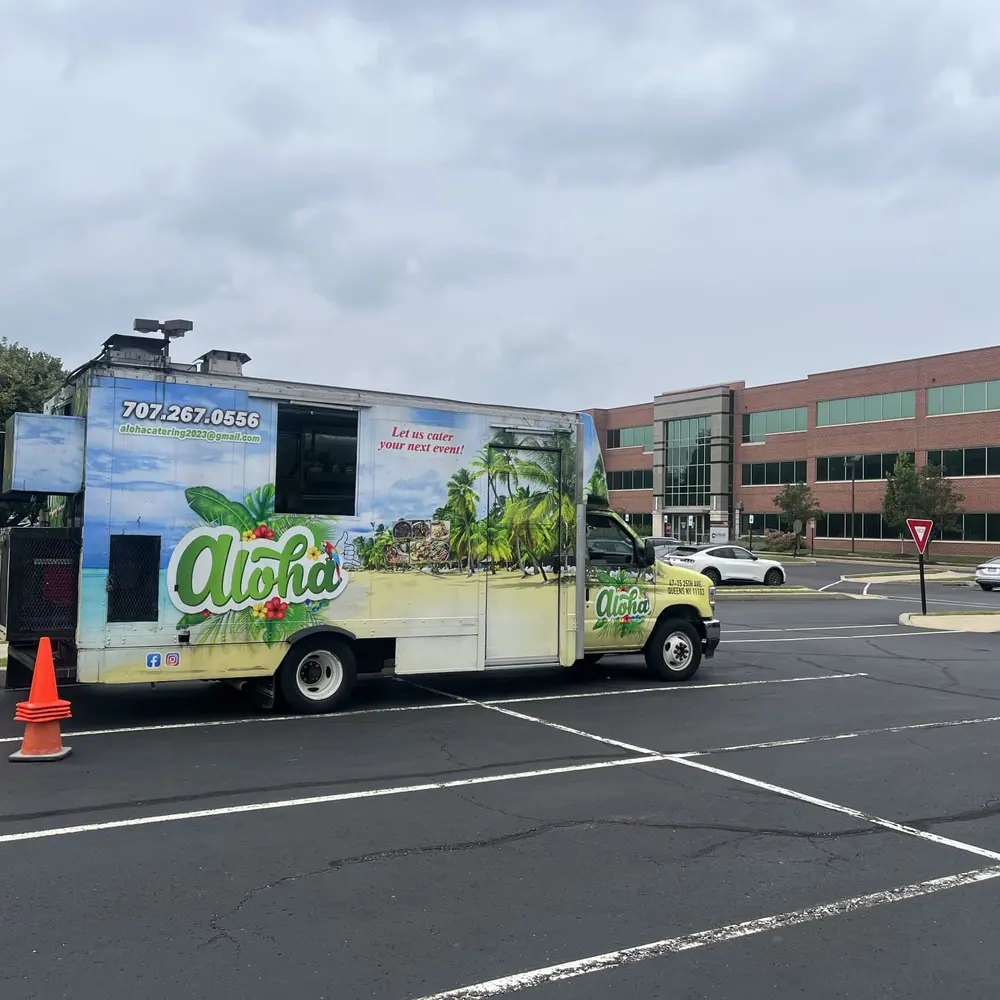 The Aloha truck parked outside a corporate office building