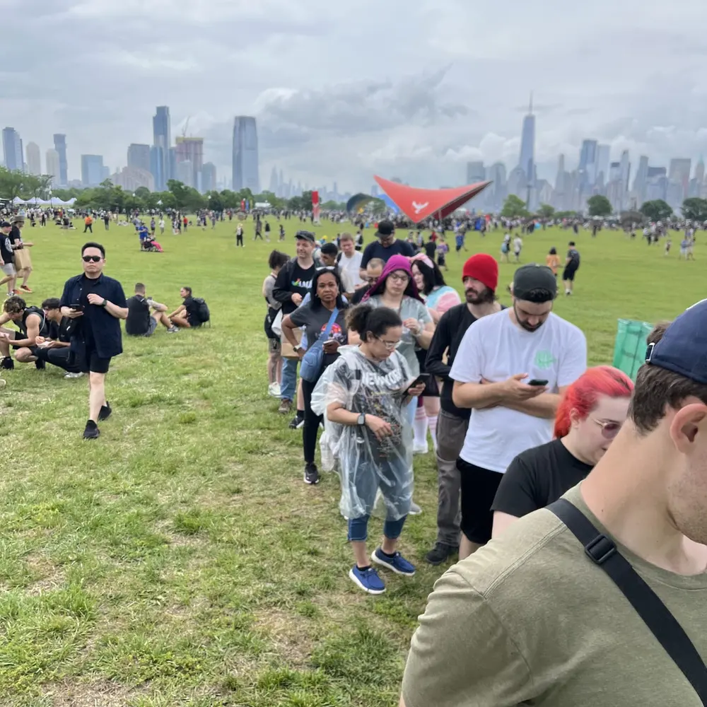 A wide view of festival-goers spread across a park lawn with the city skyline in the distance